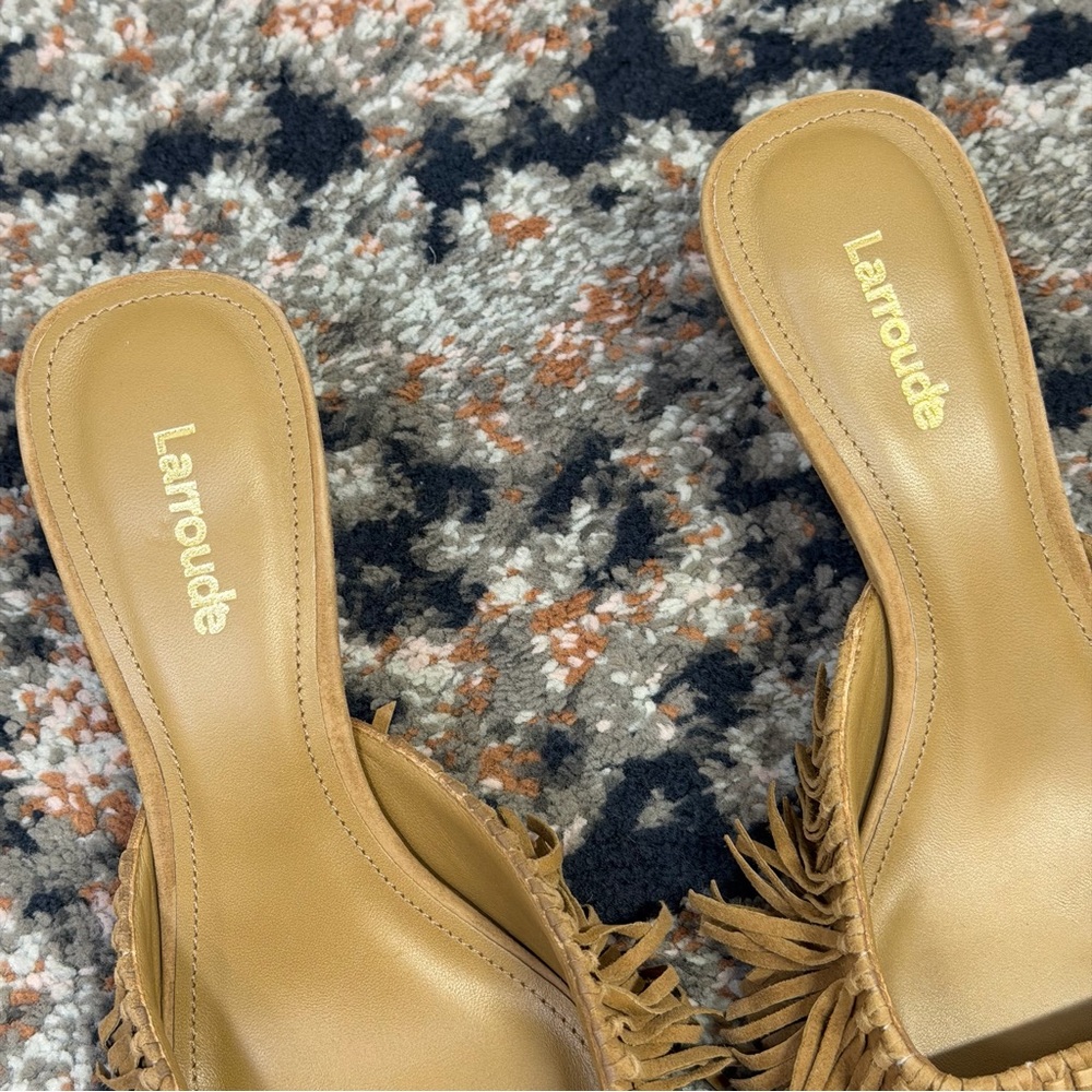 Larroude Tan Suede Fringed Kitten Heel Mule - Picture 6 of 16